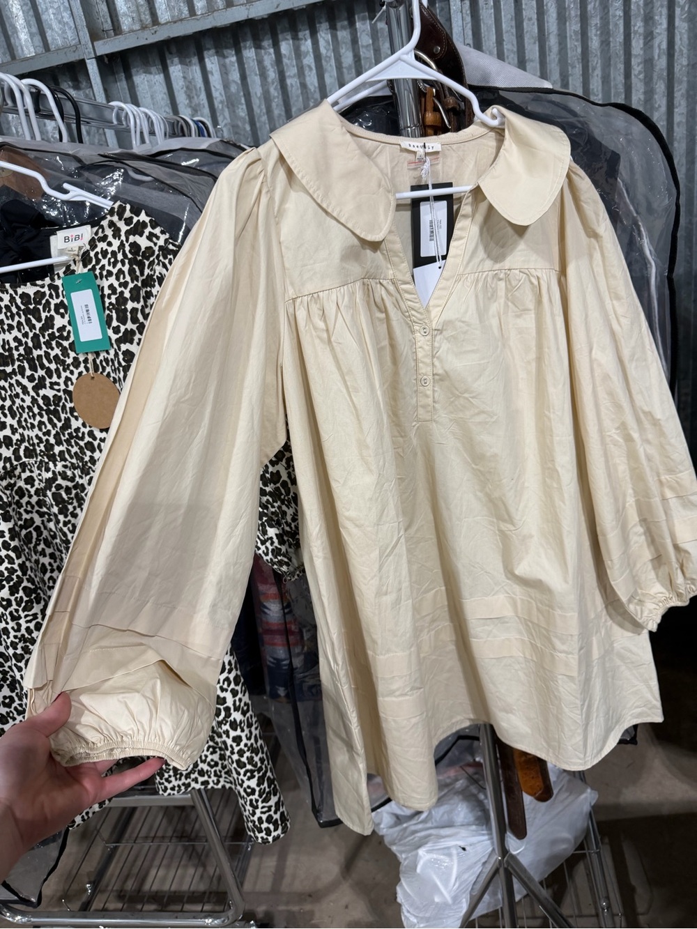 Light Cream Long Sleeve Smock Dress with Peter Pan Collar